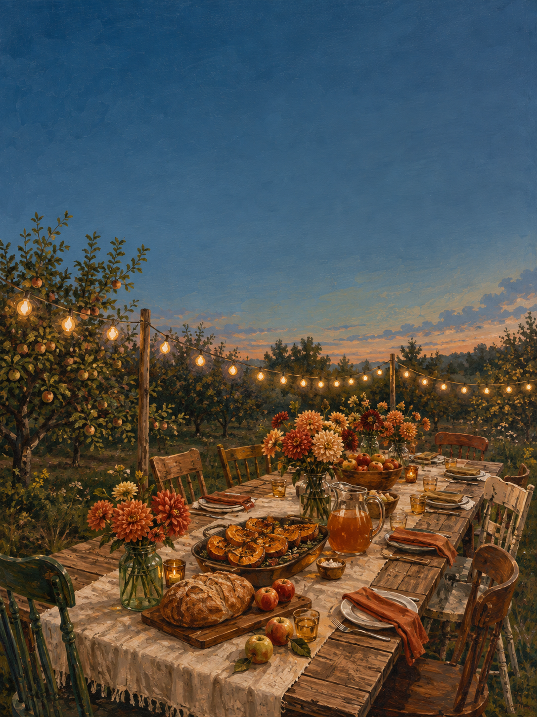 An illustrated dinner table in an orchard